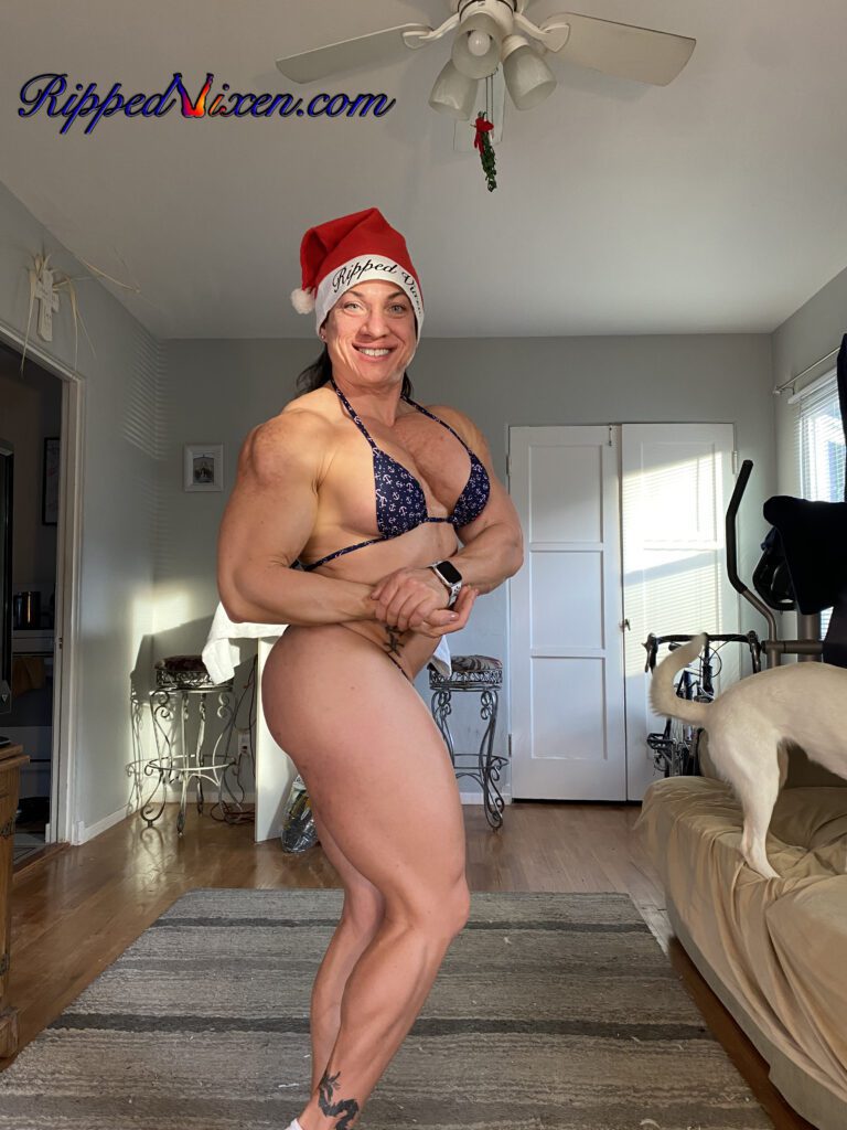 Ripped Vixen, Flexing, Side chest, red santa hat